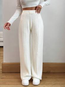 RueChic Cable Twist Pattern Sweater And Straight Pants Set For Autumn And Winter - Beige - View 2