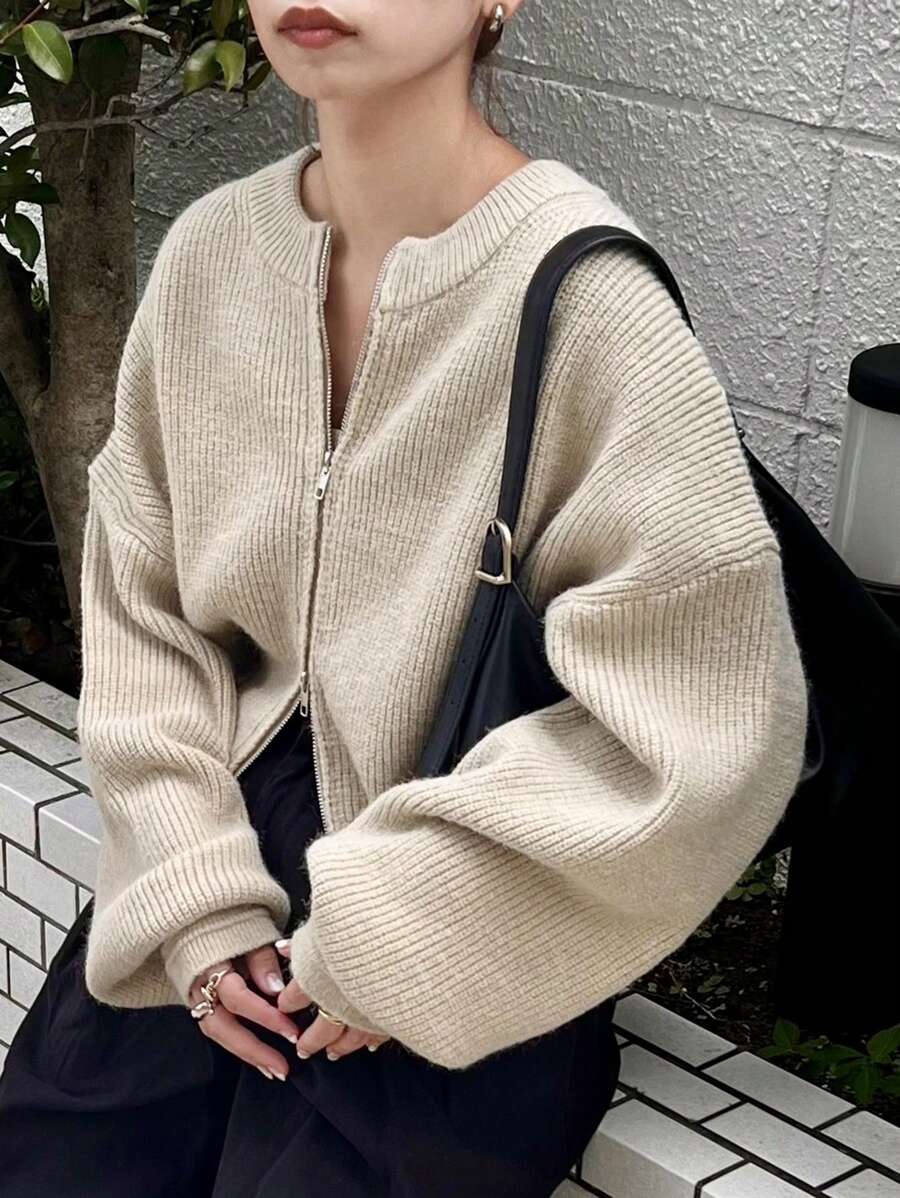 FRIFUL 女士纯色落肩长袖拉链休闲开衫，秋冬夹克 - 駝色 - 查看 1