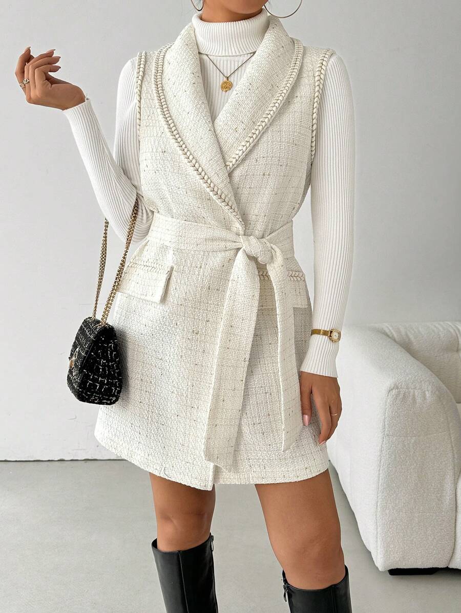 SHEIN Clasi Áo khoác quấn vải tuýt chắp vá cho nữ, Áo khoác nữ dáng thường màu trắng trơn họa tiết thác nước thanh lịch cuối thu, Trang phục thường ngày giản dị - trắng - Xem 1