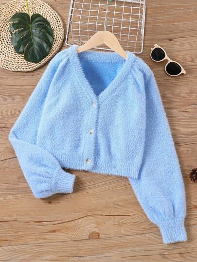 SHEIN Elladie kids Tween Girls' Casual Solid Color Fuzzy Cardigan, Spring And Autumn
