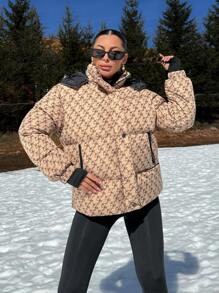 EURMUSE Hooded Geometric Pattern Drop Shoulder Puffer Thick Jacket - Multicolor - View 1