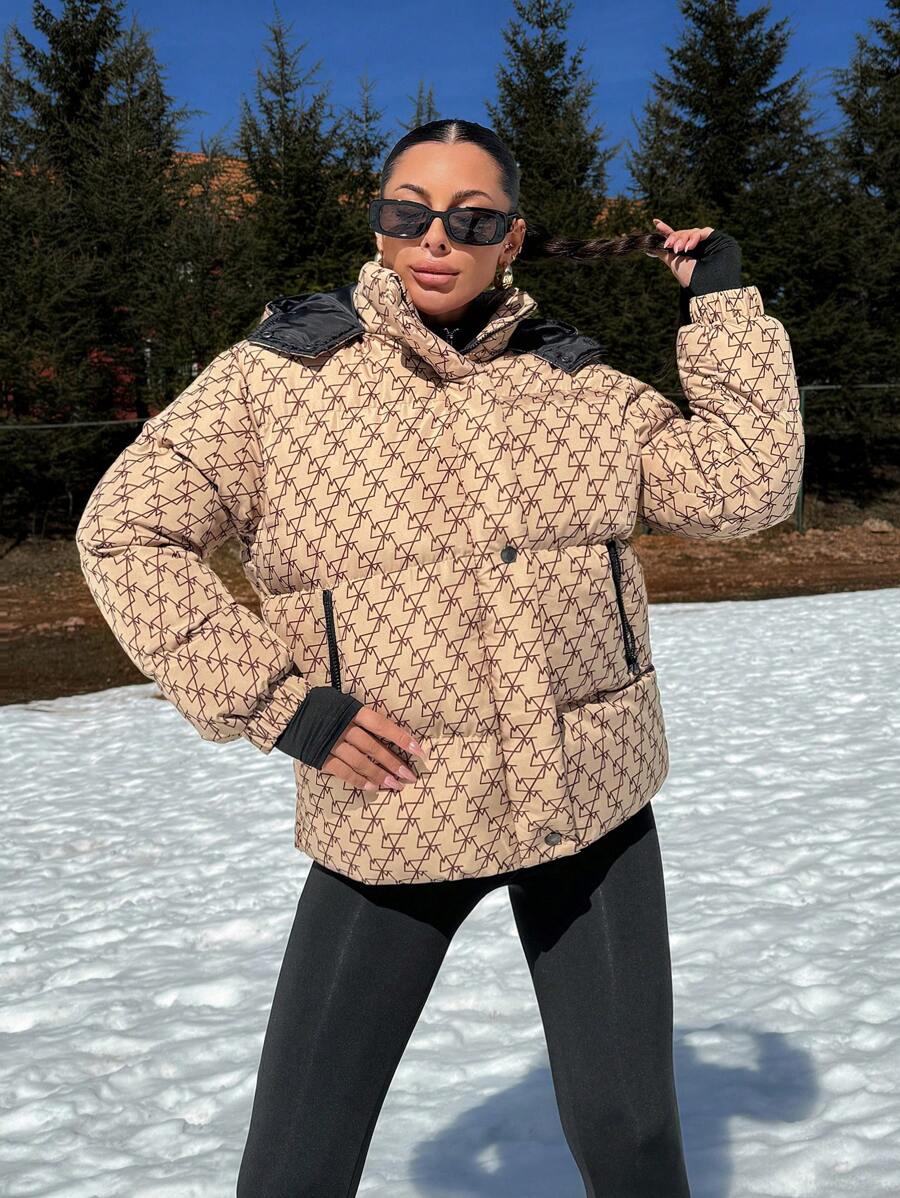 EURMUSE Hooded Geometric Pattern Drop Shoulder Puffer Thick Jacket - Multicolor - View 1