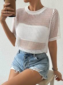 SHEIN Unity Solid Color Crew Neck Short Sleeve Hollow Out Sheer Casual Knit Top - Beige - View 3