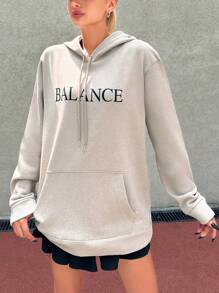 EURMUSE Letter Graphic Kangaroo Pocket Drawstring Hoodie - Beige - View 5