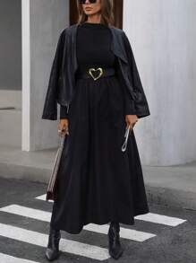 Aveloria Modichic 优雅简约拼接收腰长袖秋季长裙女士连衣裙优雅 - 黑色 - 查看 6