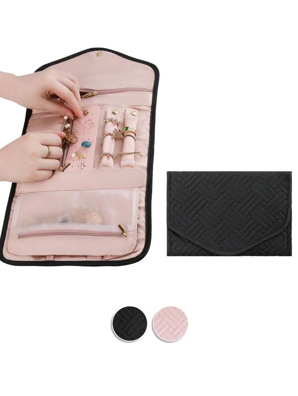 1pc Bolsa dobrável para guardar joias, organizador de estojo de joias de viagem para brincos, colares, anéis, pulseiras, broches, rosa, bolsa de maquiagem, organizador de joias portátil, acessório de viagem essencial, preto, rosa em tamanho M/L Natal para presente de feriado