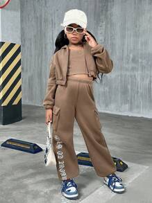 SHEIN 青少年女孩休闲街头时尚纯色连帽运动衫运动衫配吊带背心和抽绳裤母女套装（2 套单独出售），羊毛，加厚 - 棕色 - 查看 7