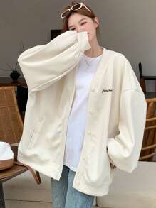 DAZY 女式秋冬字母印花落肩休闲卫衣夹克 - 杏色 - 查看 4