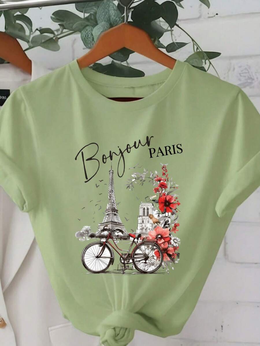 INAWLY Paris France T-Shirt Eiffel Tower Design Travel T-Shirt For Women Casual Summer Top Graphic Tees Women Tops - Army Green - View 1