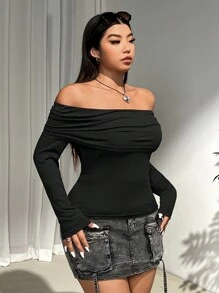 SHEIN EZwear Áo trễ vai màu đen cỡ lớn cho nữ, Thu/Đông - màu đen - Xem 4