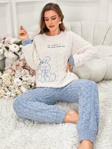 Rabbit Embroidered Women's Fleece Crew Neck Long Sleeve Top And Pants Pajama Set