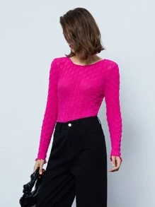 Maija Women's Solid Color Crew Neck Long Sleeve Fitted Bodysuit, Spring & Summer - Hot Pink - View 3