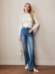 MOTF PREMIUM SOLID FLORAL TEXTURED LETTUCE TRIM SLIM FIT TEE