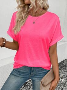 SHEIN LUNE Áo thun nữ tay ngắn cổ tròn đơn giản màu trơn mặc hàng ngày - Hồng - Xem 5