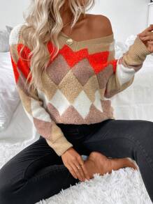 SHEIN LUNE 女士撞色菱形图案长袖针织衫，秋冬季 - 彩色 - 查看 1