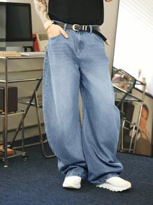 Manfinity Denimwave Quần jeans ống rộng dáng suông màu xanh nhạt bạc màu, phong cách đường phố Y2K dành cho nam giới. - Rửa nhẹ - Xem 5