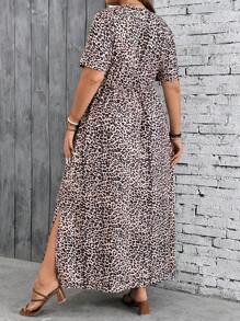 SHEIN VCAY Plus Size Leopard Print Short Sleeve Round Neck Holiday Dress - Multicolor - View 2