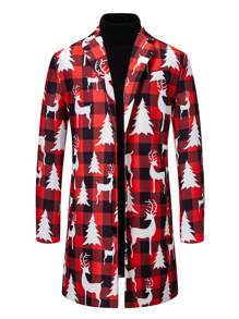 Manfinity Homme Abrigo largo de lana con estampado a cuadros y de ciervos de manga larga informal para hombres, abrigo de lana de largo medio con tema navideño a cuadros rojos y negros para otoño/invierno, ropa de otoño para hombres, abrigo tipo trinchera para hombres
