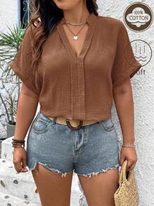 SHEIN LUNE Plus Size Solid V-Neck Casual Short Sleeve Shirt, Summer - Rust Brown - View 1