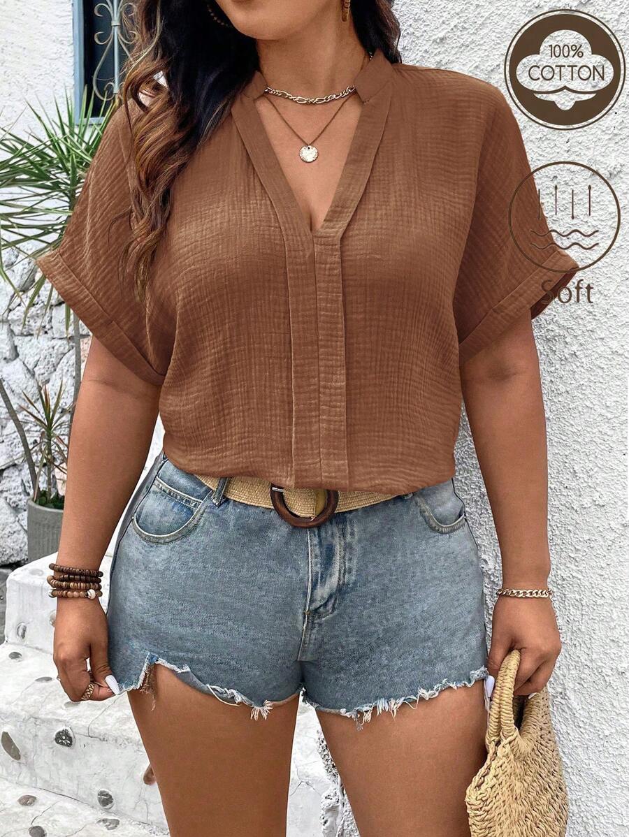 SHEIN LUNE Plus Size Solid V-Neck Casual Short Sleeve Shirt, Summer - Rust Brown - View 1