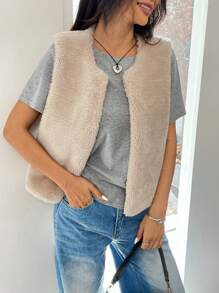 SHEIN EZwear Abrigo sin mangas esponjoso de color liso para damas