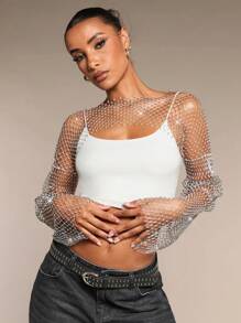 SHEIN BAE Solid Sexy Sheer Mesh Rhinestone Glaring Summer Music Festival Long Tops - Silver - View 6