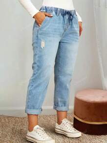 Women's Elastic Waist Washed Denim Long Pants, Suitable For Commuting And Casual Wear, Autumn