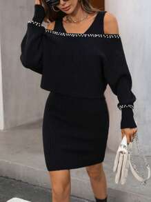 GENKIRA 1set Off-Shoulder Long Sleeve Beaded Sweater And Suspender Sweater Mini Skirt 2pcs - Black - View 3