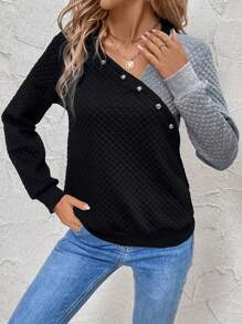 SHEIN LUNE Women's Contrast Color Metal Buckle Decorated Long Sleeve Sweatshirt Pullover Fall Sweatshirt - Black - View 6
