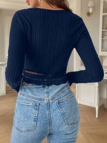 SHEIN Frenchy Women Fall Winter  Black Lace Patchwork Tight Fitted Textured Fabric T-Shirt Casual Blue Spring - Royal Blue - View 2