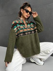 SHEIN EZwear Áo nỉ dài tay kiểu dáng cổ điển có khóa kéo nửa đầu dành cho nữ - xanh quân đội - Xem 7