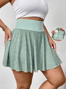 SHEIN Privé Plus Size Summer Elegant Casual Athletic Hollow-Out Textured Skort With Pockets, Green - Army Green - View 3