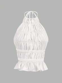 Aloruh 挂脖可调节系带前褶皱分层半透明浪漫约会夜短款外出上衣女士 - 白色 - 查看 4