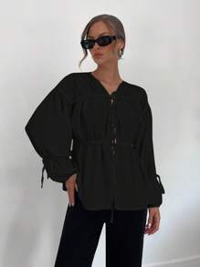 Siren Gaze Áo sơ mi dài tay cổ chữ V xếp ly mới cho nữ, áo sơ mi đen - màu đen - Xem 1
