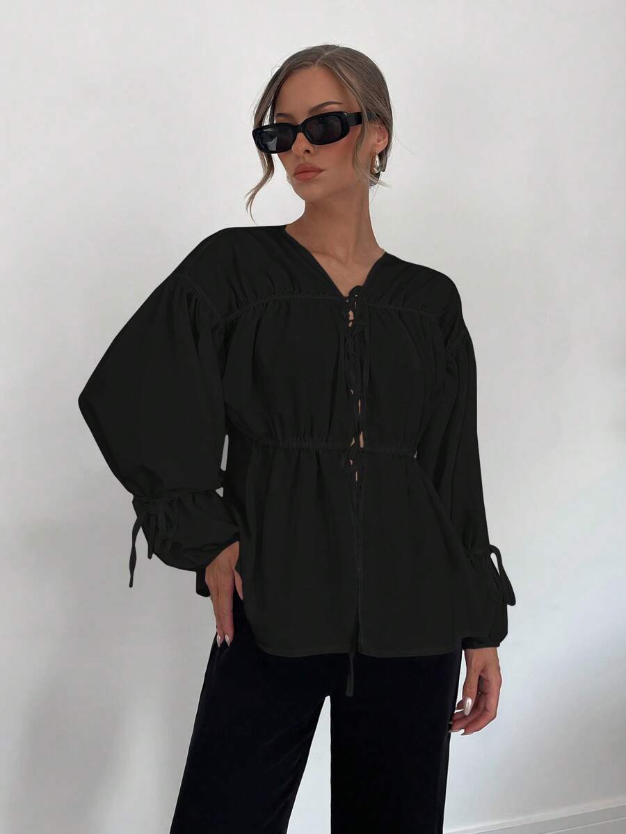 Siren Gaze Áo sơ mi dài tay cổ chữ V xếp ly mới cho nữ, áo sơ mi đen - màu đen - Xem 1