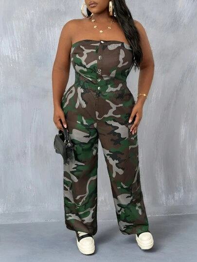 Slaydiva Jumpsuit Penyamaran Wanita Saiz Besar Luaran Kasual Dengan Poket, Kaki Lurus