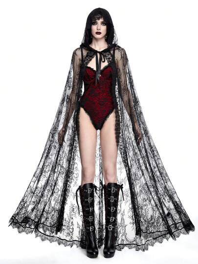 Goth Women's Lace Hooded Oversized Poncho Regular Coat