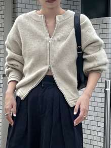 FRIFUL 女士纯色落肩长袖拉链休闲开衫，秋冬夹克 - 駝色 - 查看 7