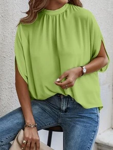 SHEIN Clasi 夏季休闲纯色中袖衬衫 - 青檸色 - 查看 4