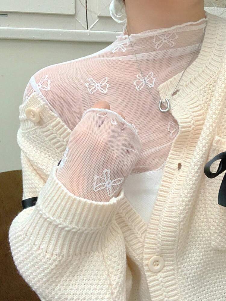 Women's Solid Color Bowknot Pattern Long Sleeve Mesh T-Shirt Sheer