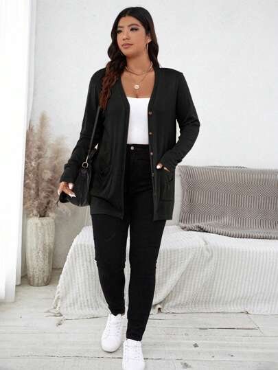 SHEIN LUNE Plus Size Women's Solid Color Fall Black Sweater Cardigan With Pockets Holiday