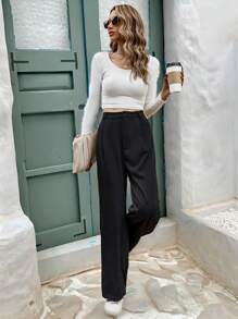 SHEIN Frenchy High Waist Plicated Detail Straight Leg Baggy Black Pants