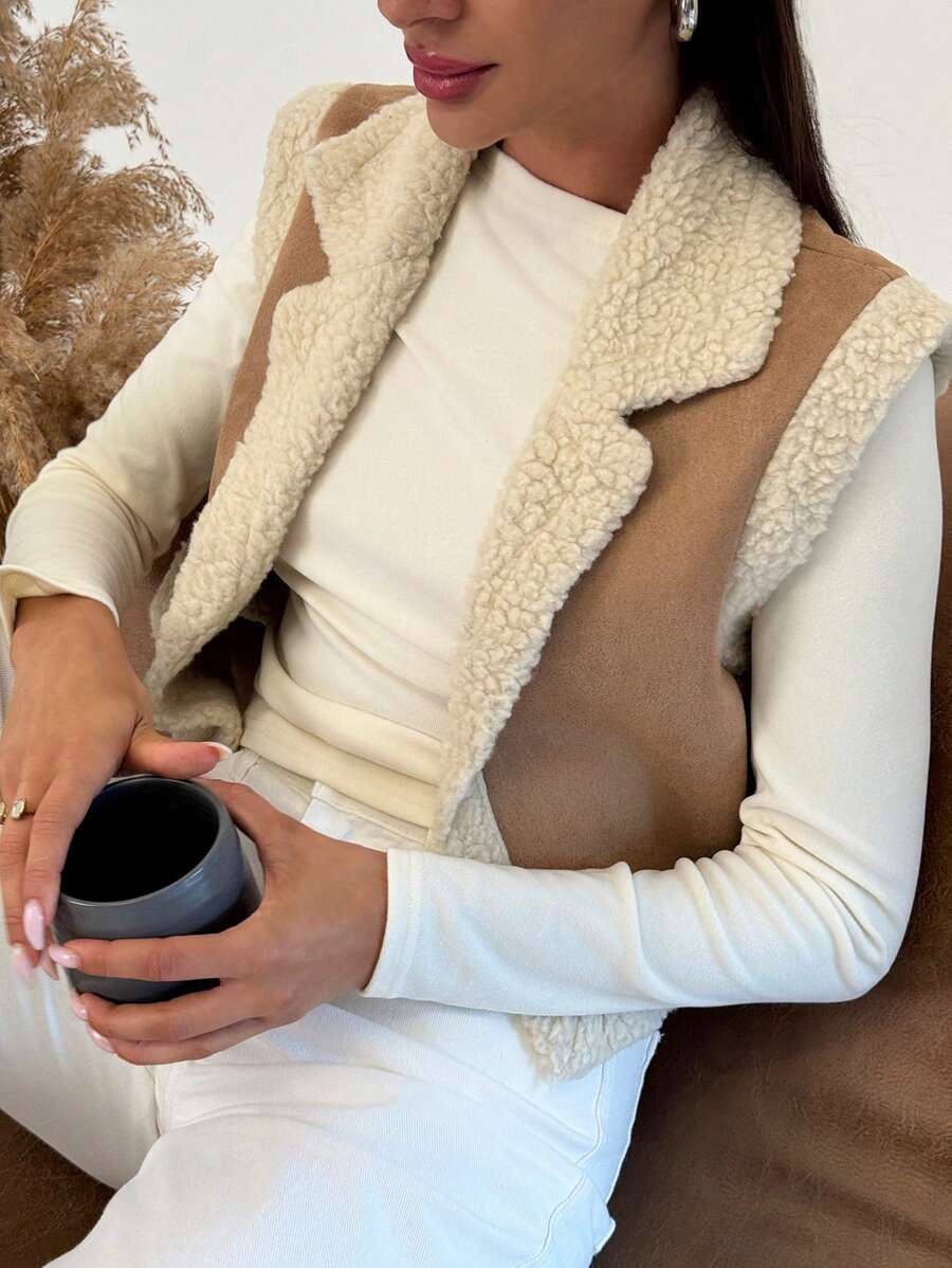 SHEIN Privé 女士无袖复合绒面革保暖内衬保暖优雅夹克 - 卡其色 - 查看 1