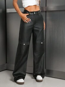 Fashionable Coated Pocket Casual Cargo Straight Pants Fall Cloth For Women - Black - View 4
