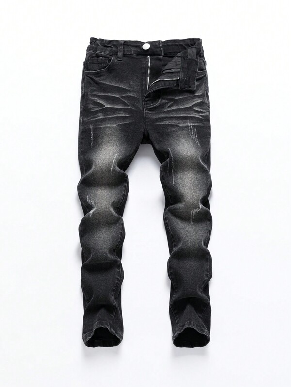 SHEIN Tween Boys' Casual Modern Street Style Distressed Verstelbare Taille 5-Pocket Stretchy Zwarte Jeans, Veelzijdige Mode Het Hele Jaar Door