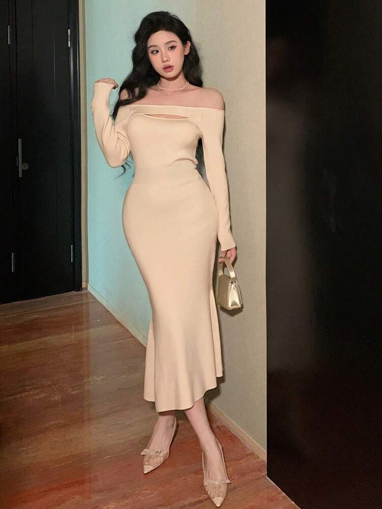 Women Off-Shoulder Long Sleeve Cutout Fishtail Hem Elegant Sweater Dress, Autumn/Winter Prom Dress,Fall Women Clothes