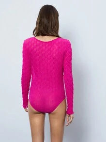 Maija Women's Solid Color Crew Neck Long Sleeve Fitted Bodysuit, Spring & Summer - Hot Pink - View 4