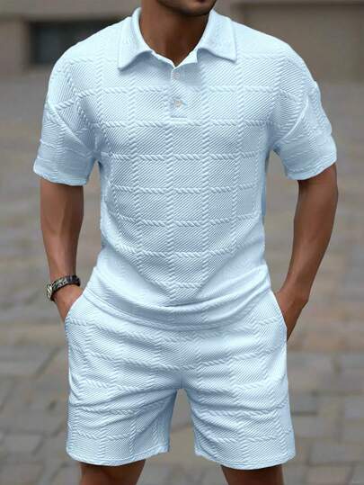 Manfinity Homme Men's Textured Short Sleeve Casual Polo Shirt And Shorts Set