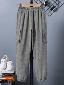 Tween Boy Plaid Cargo Pocket Straight Loose Casual Pants - Grey - View 2