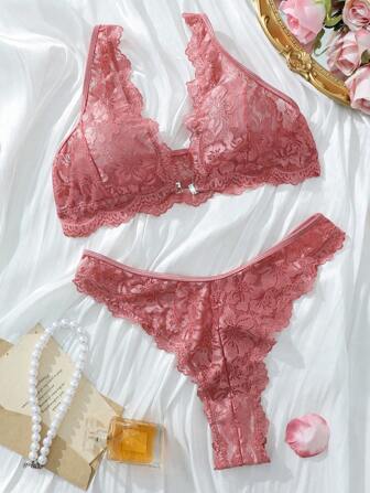 SHEIN Women Solid Color Lace Shell Trim Lingerie Set